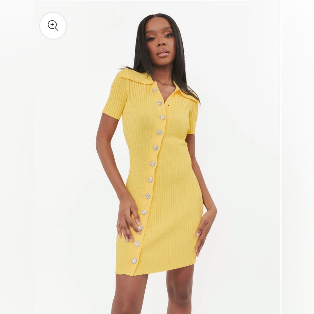 Yellow Ribbed Button-Up Dress